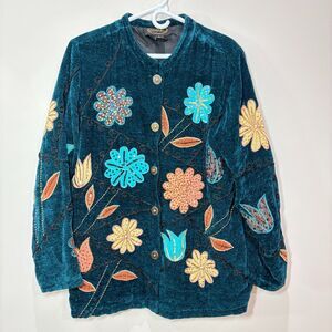 VTG Teal Blue Chenille Embroidered Floral Jacket Womens L Artsy Phoebe Buffay